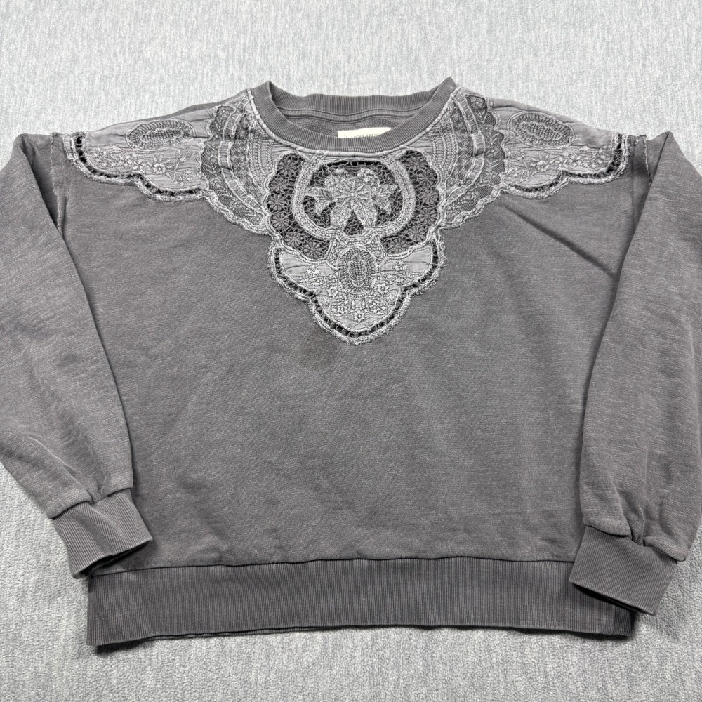 Lucky Brand Sweatshirt Womens S Gray Embroidered Lace Crewneck Fleece Boho Pullo